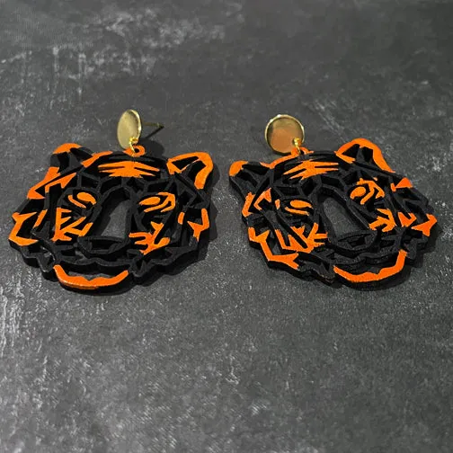 CINCINNATI BENGALS ORANGE & BLACK TIGER STATEMENT EARRINGS (GOLD OR SILVER POSTS)