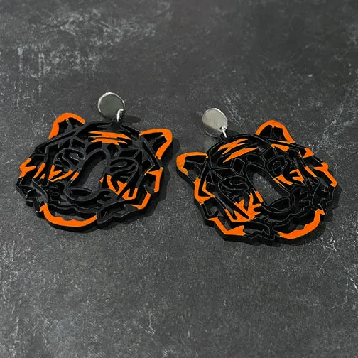 CINCINNATI BENGALS ORANGE & BLACK TIGER STATEMENT EARRINGS (GOLD OR SILVER POSTS)