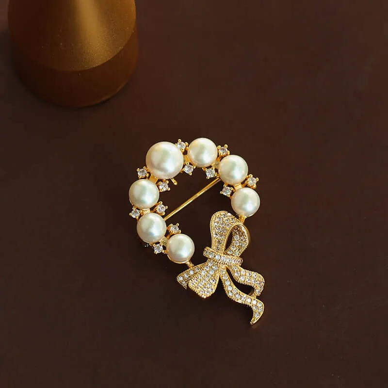 Copper Round Pearl Bow Brooch