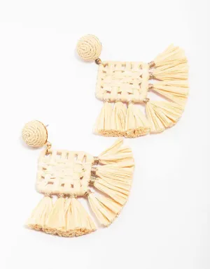 Cream Woven Square Tassel Drop Earrings