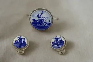 Delft Blue and White Porcelain Round Brooch and Clip Earring Set