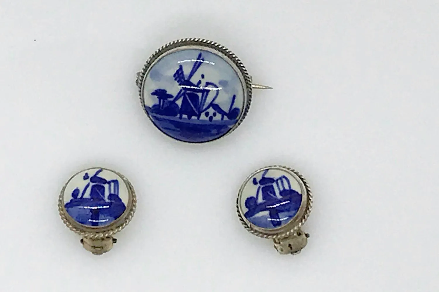 Delft Blue and White Porcelain Round Brooch and Clip Earring Set