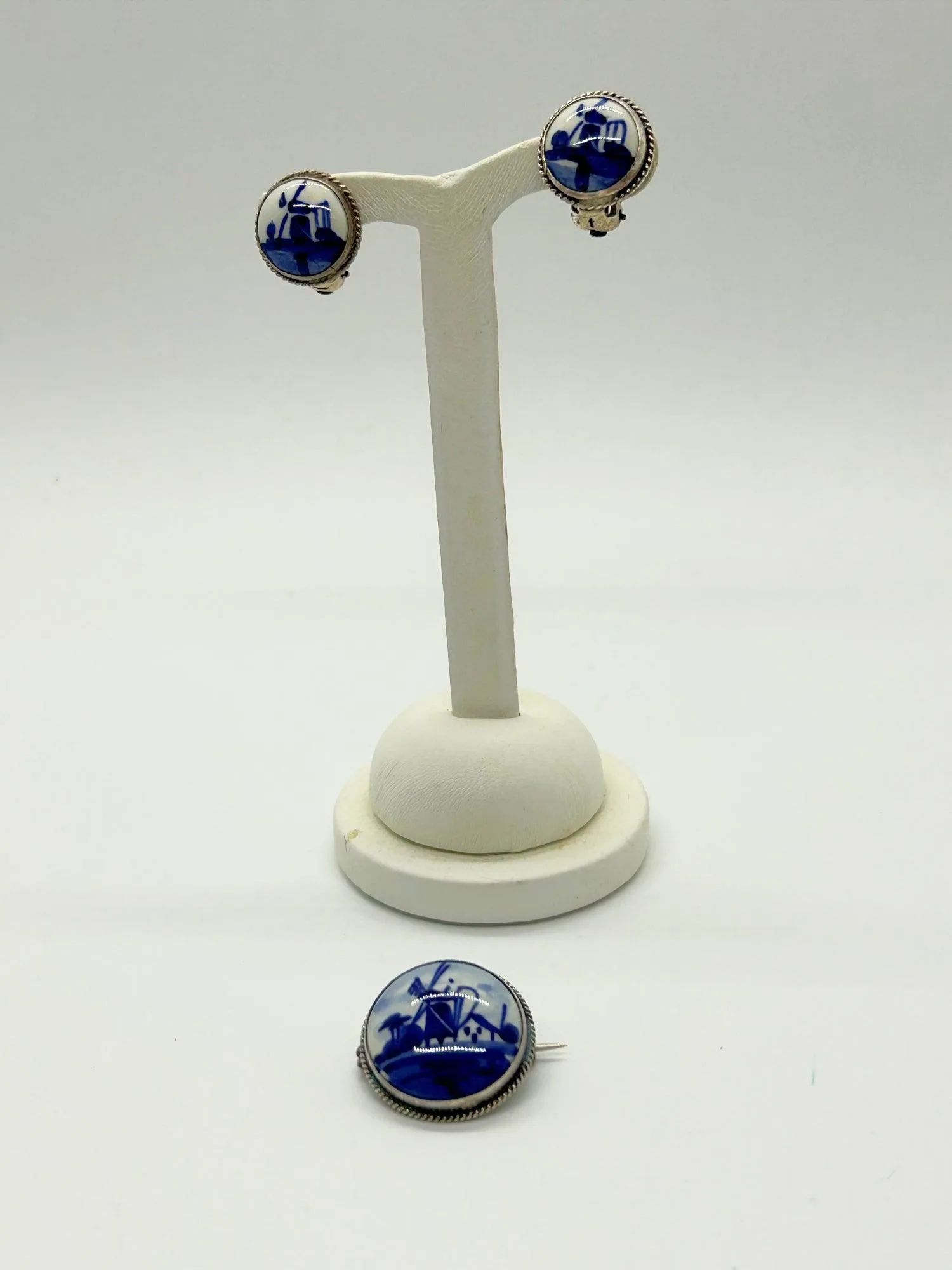 Delft Blue and White Porcelain Round Brooch and Clip Earring Set