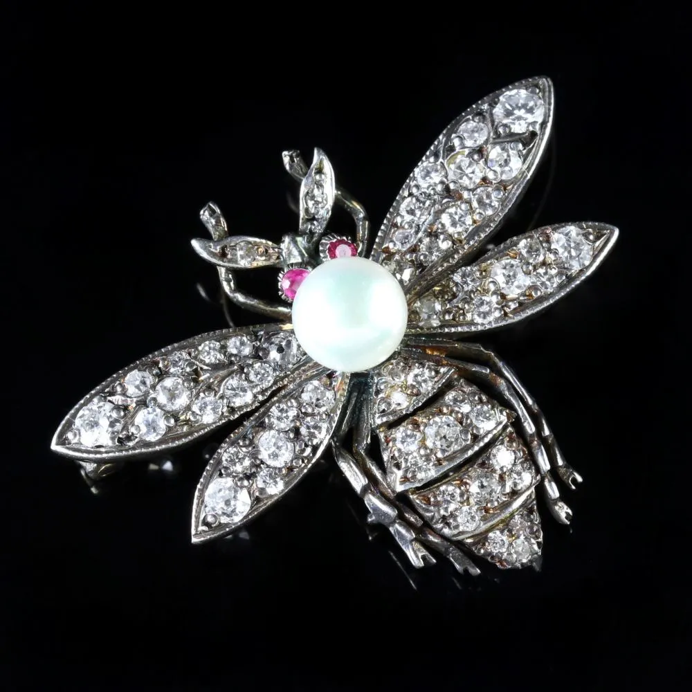 Diamond Pearl Ruby Bee Brooch