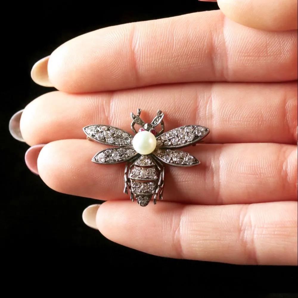 Diamond Pearl Ruby Bee Brooch