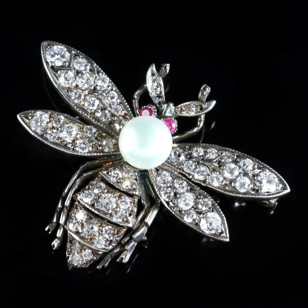 Diamond Pearl Ruby Bee Brooch