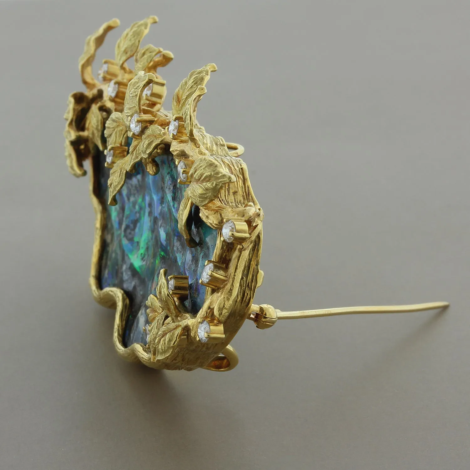 Estate Boulder Opal Diamond Gold Brooch or Pendant