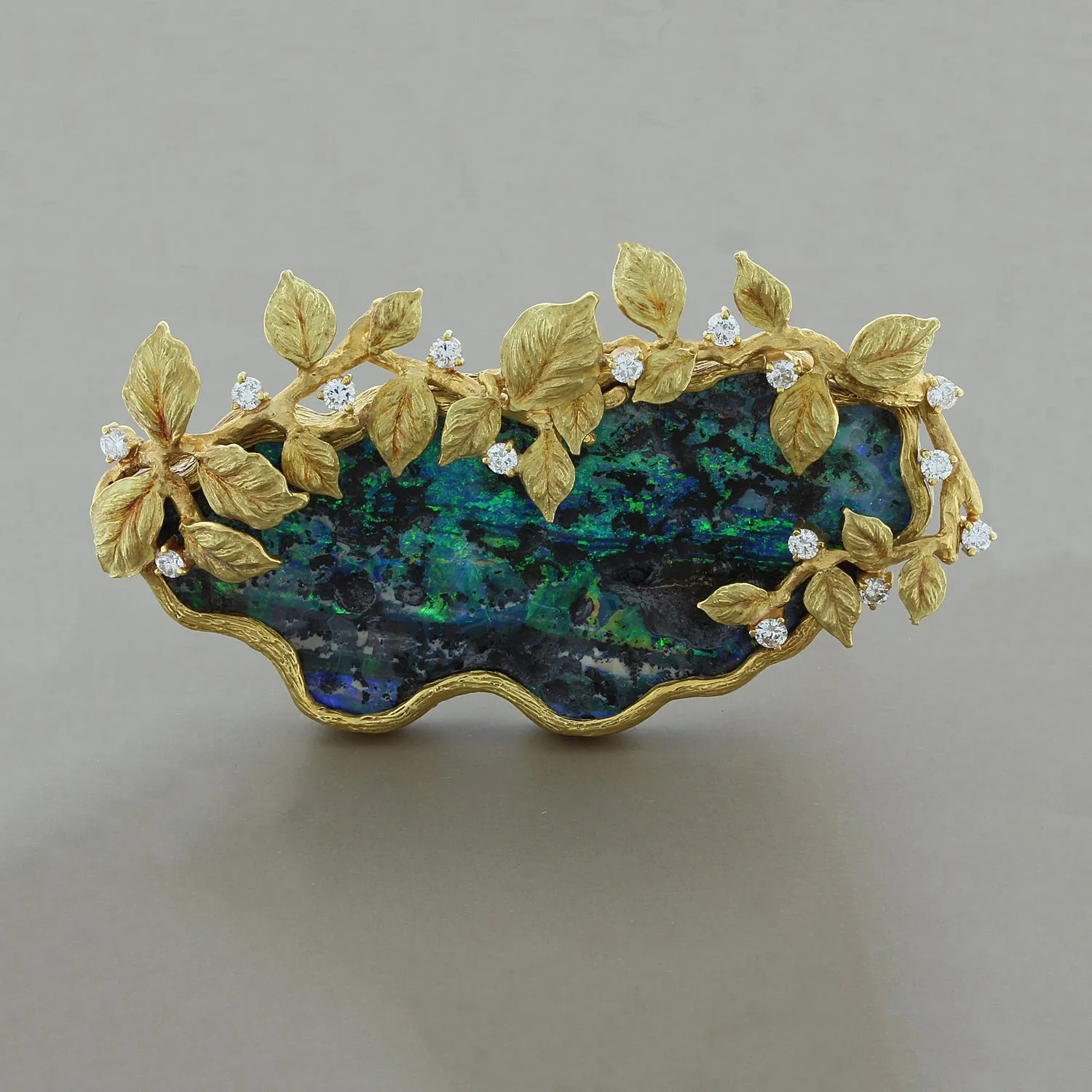 Estate Boulder Opal Diamond Gold Brooch or Pendant