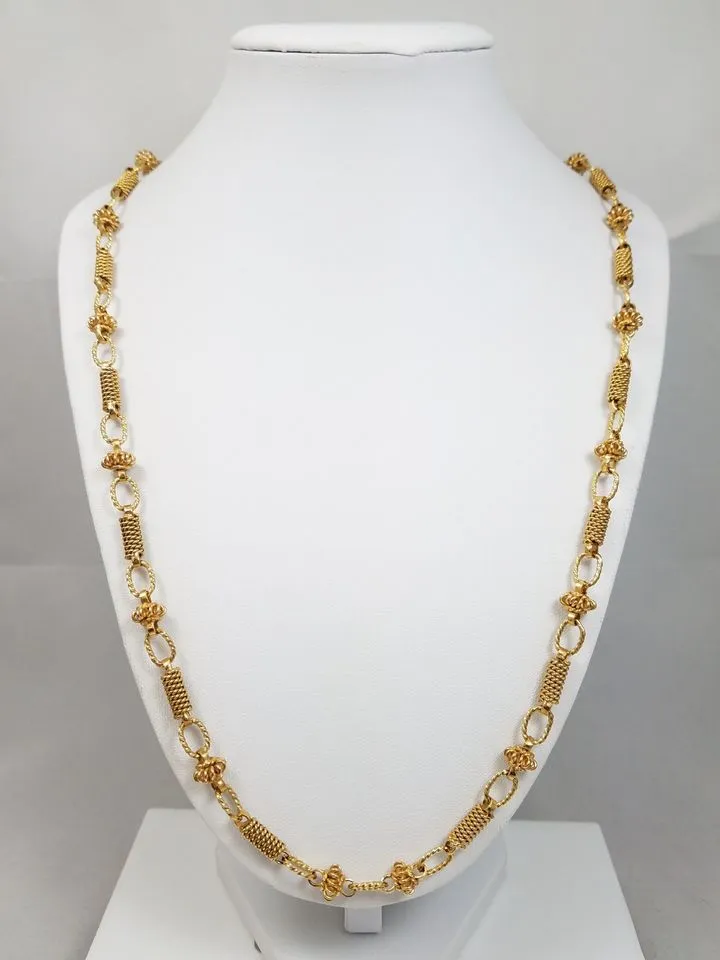 Fashionable 26" Solid 14k Yellow Gold Hand Made Bead Link Chain Necklace