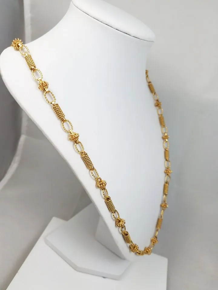 Fashionable 26" Solid 14k Yellow Gold Hand Made Bead Link Chain Necklace