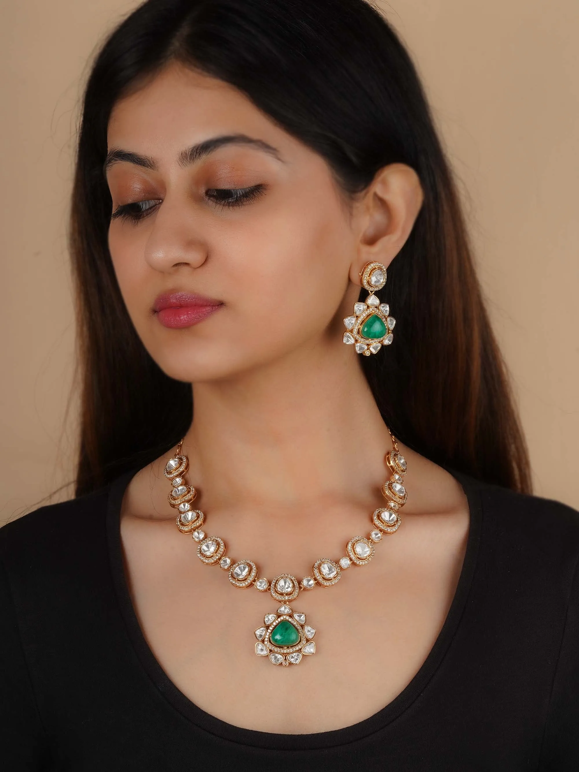 Gold Plated Faux Polki Necklace Set - PK-S209