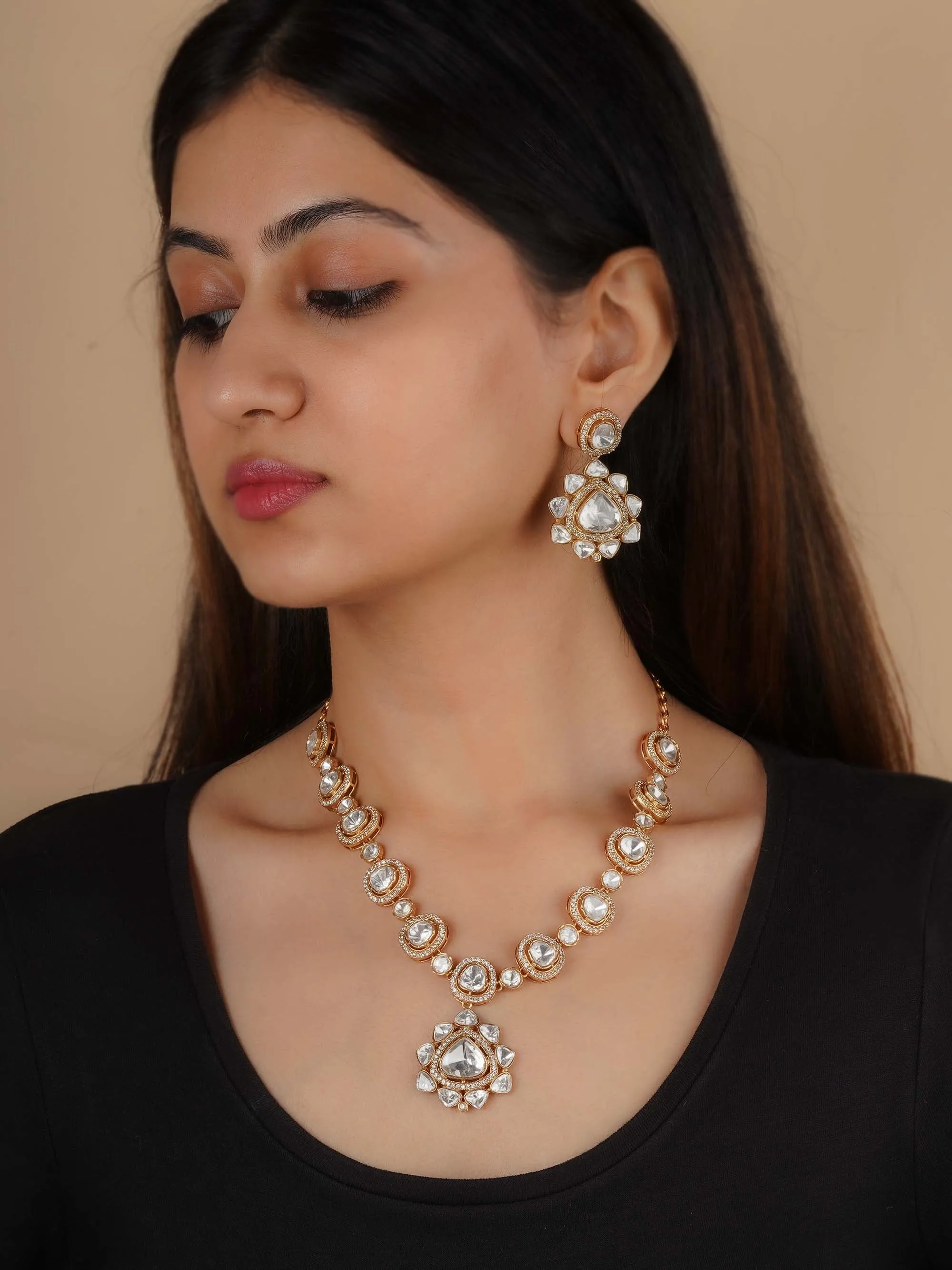 Gold Plated Faux Polki Necklace Set - PK-S209