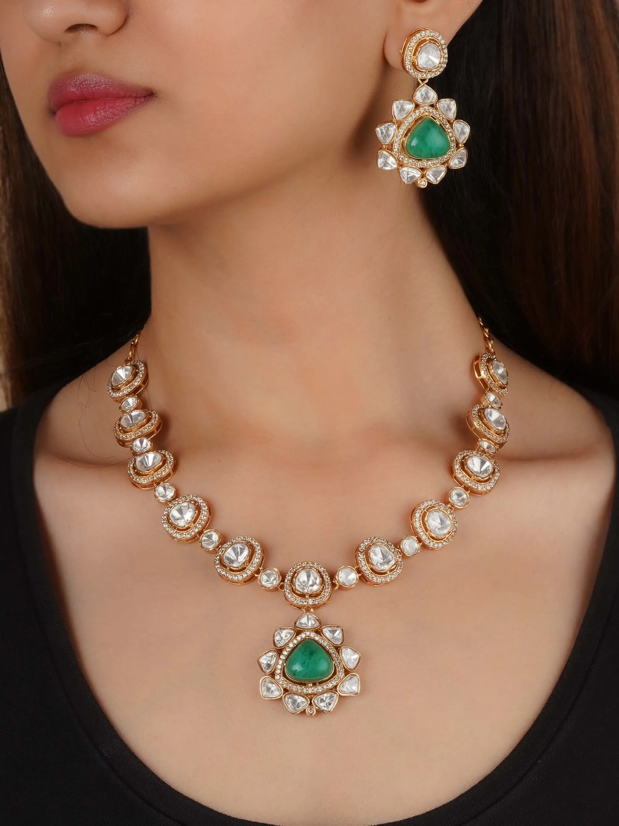 Gold Plated Faux Polki Necklace Set - PK-S209