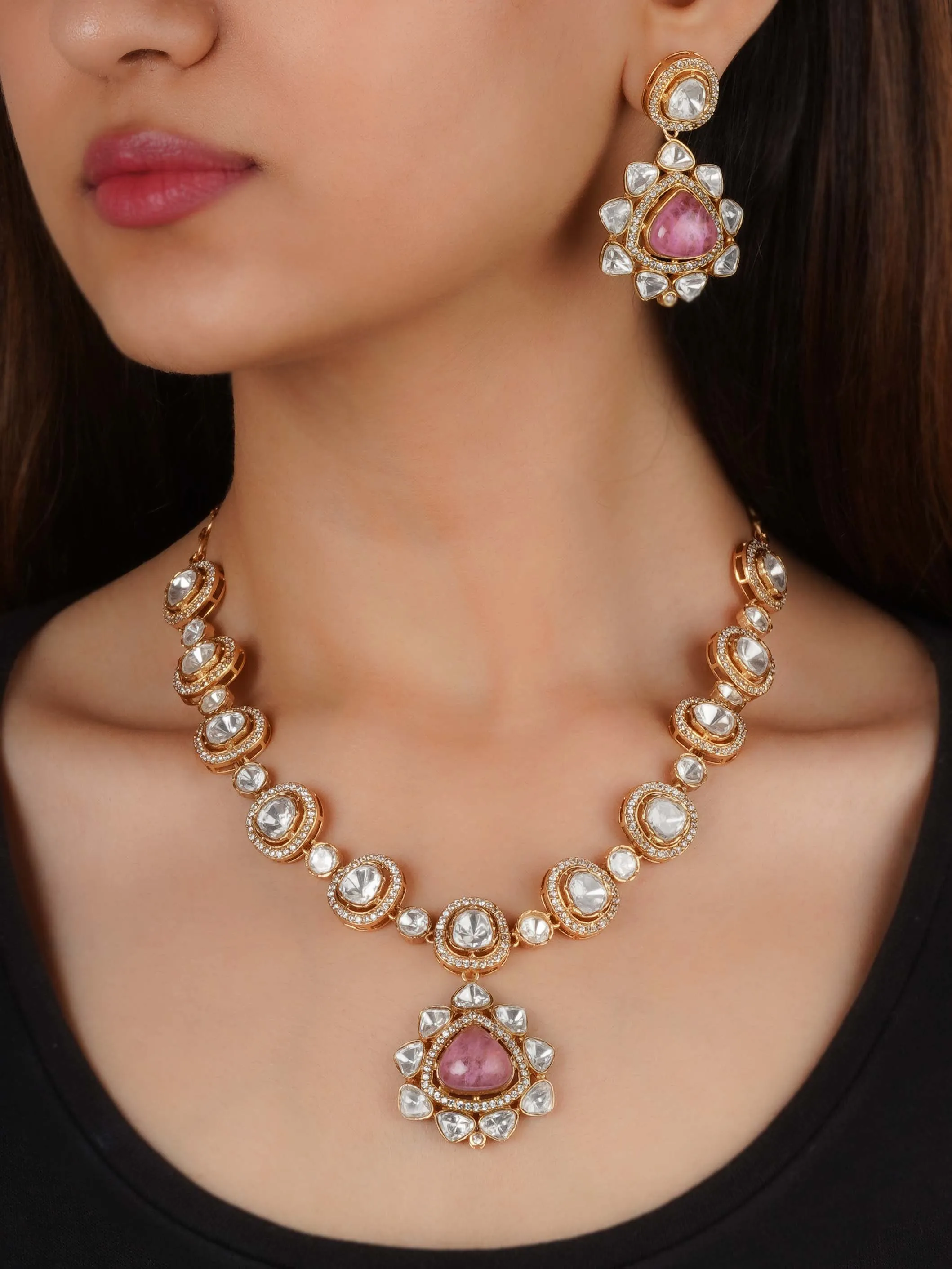 Gold Plated Faux Polki Necklace Set - PK-S209