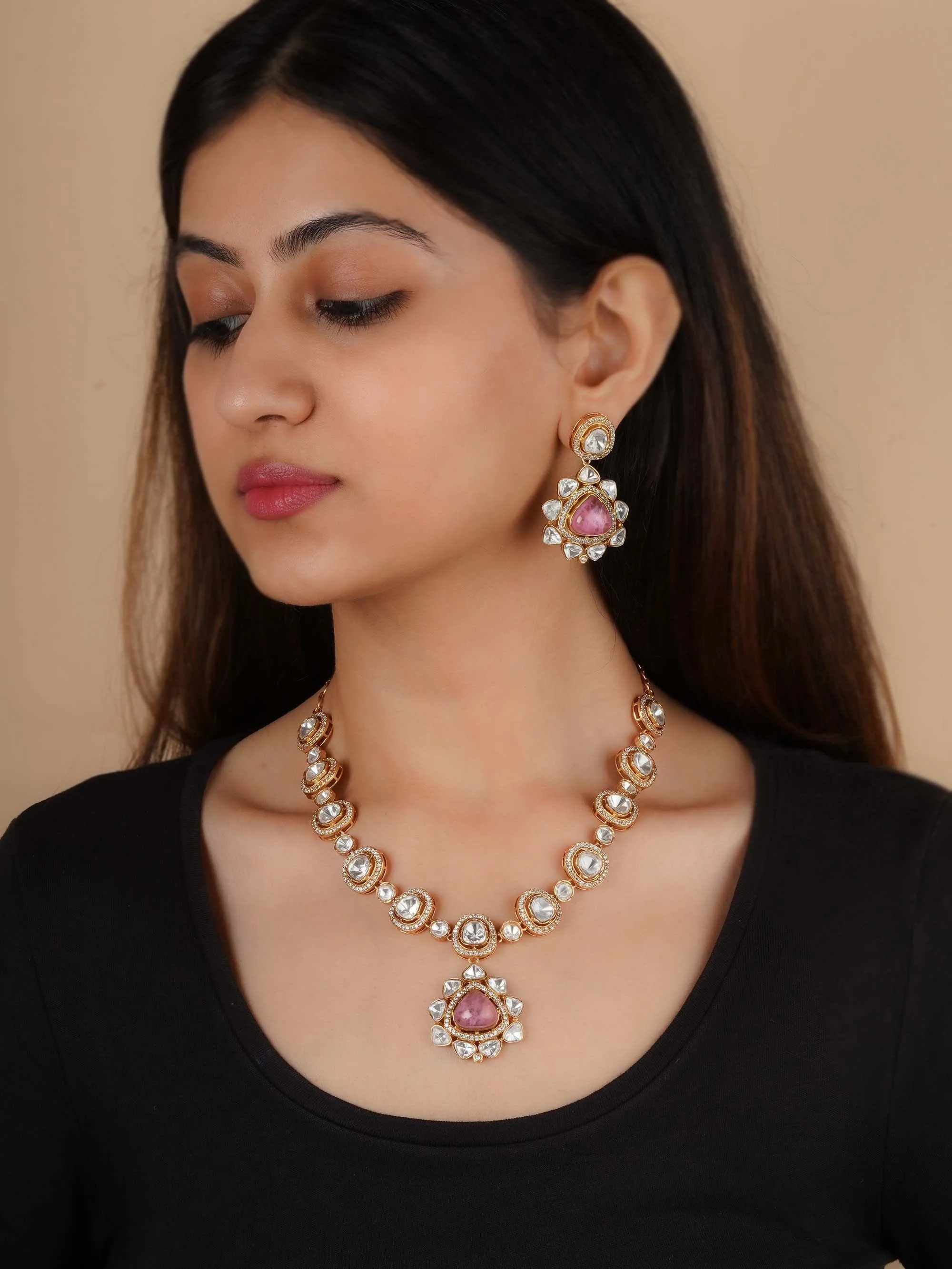 Gold Plated Faux Polki Necklace Set - PK-S209