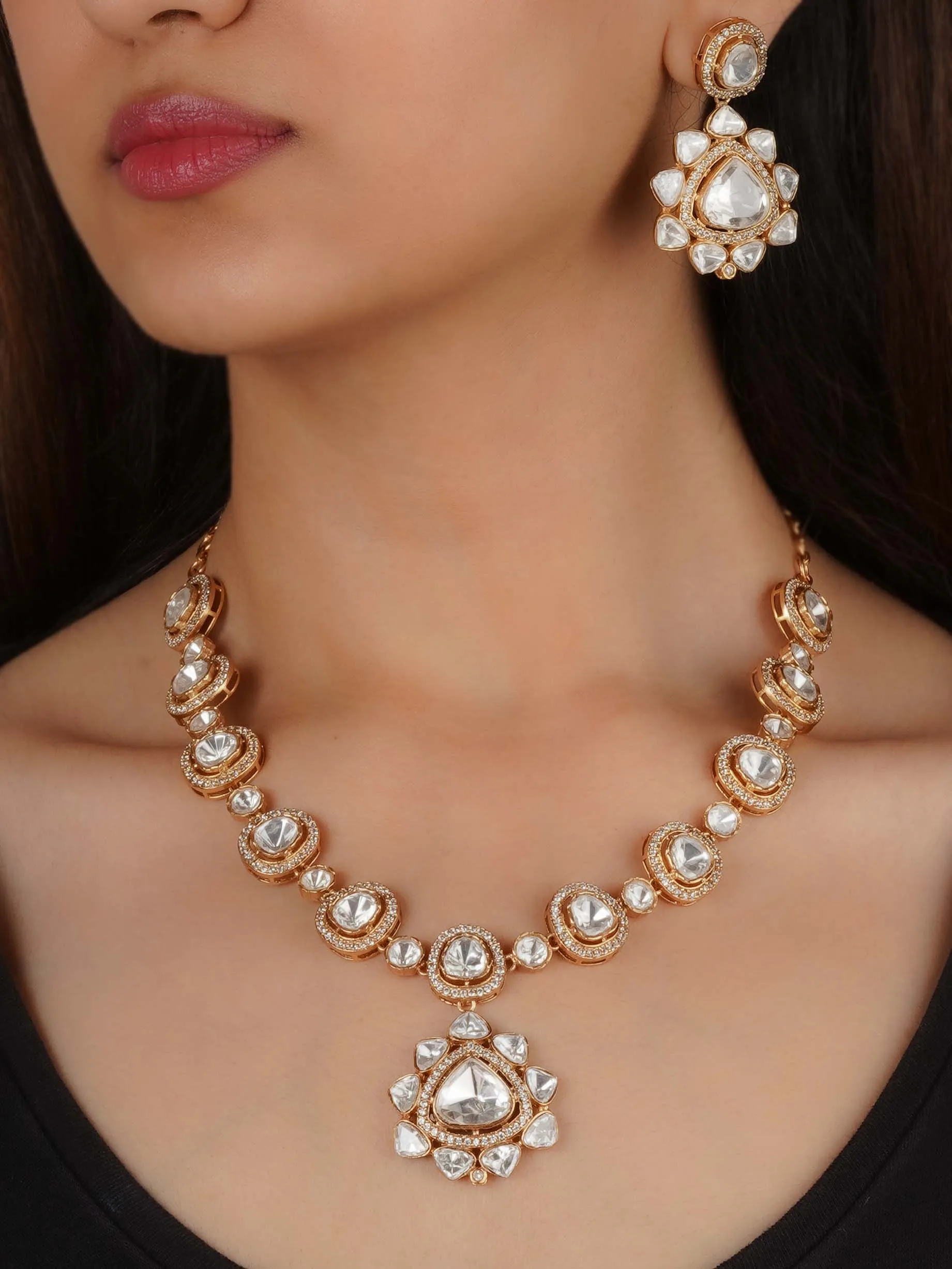 Gold Plated Faux Polki Necklace Set - PK-S209