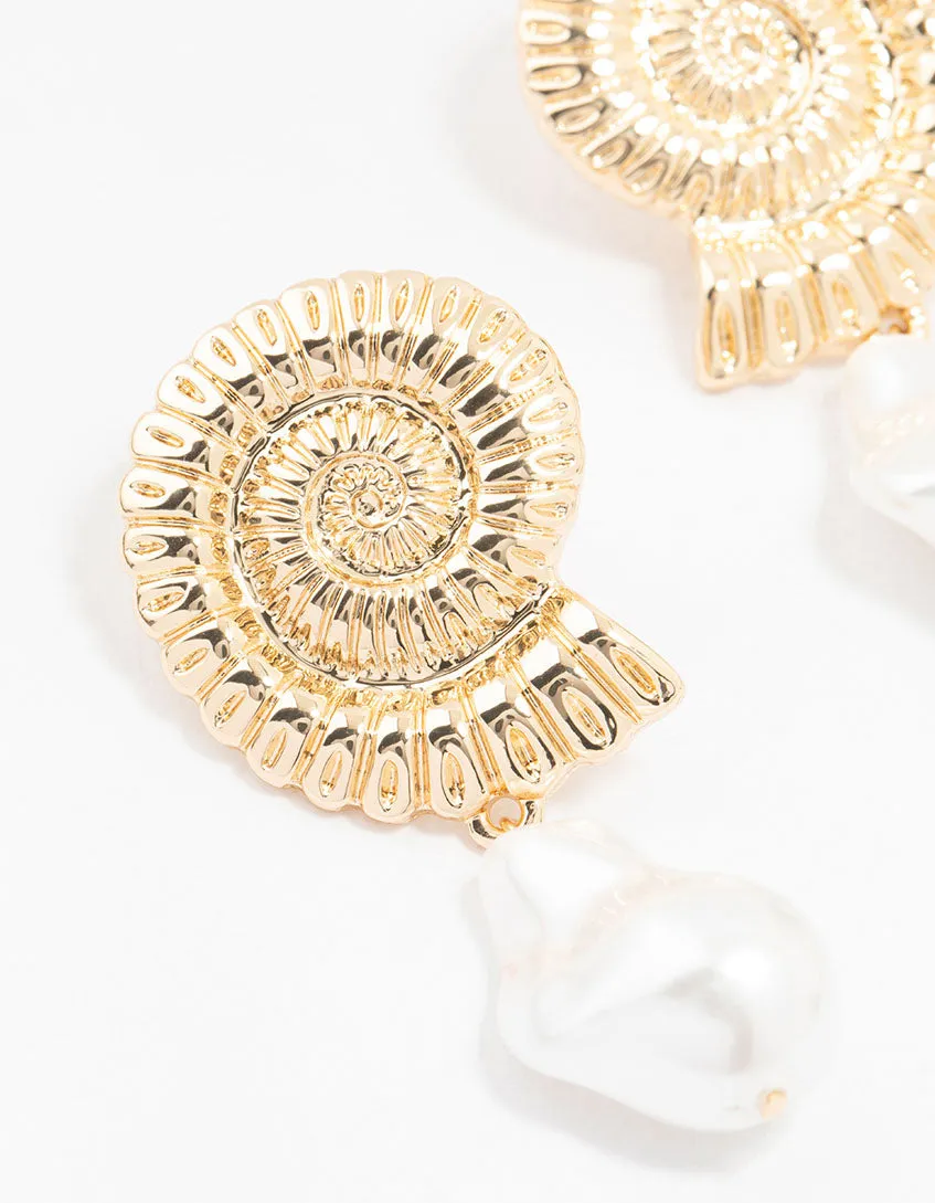 Gold Plated Shell And Pearls Drop Earrings