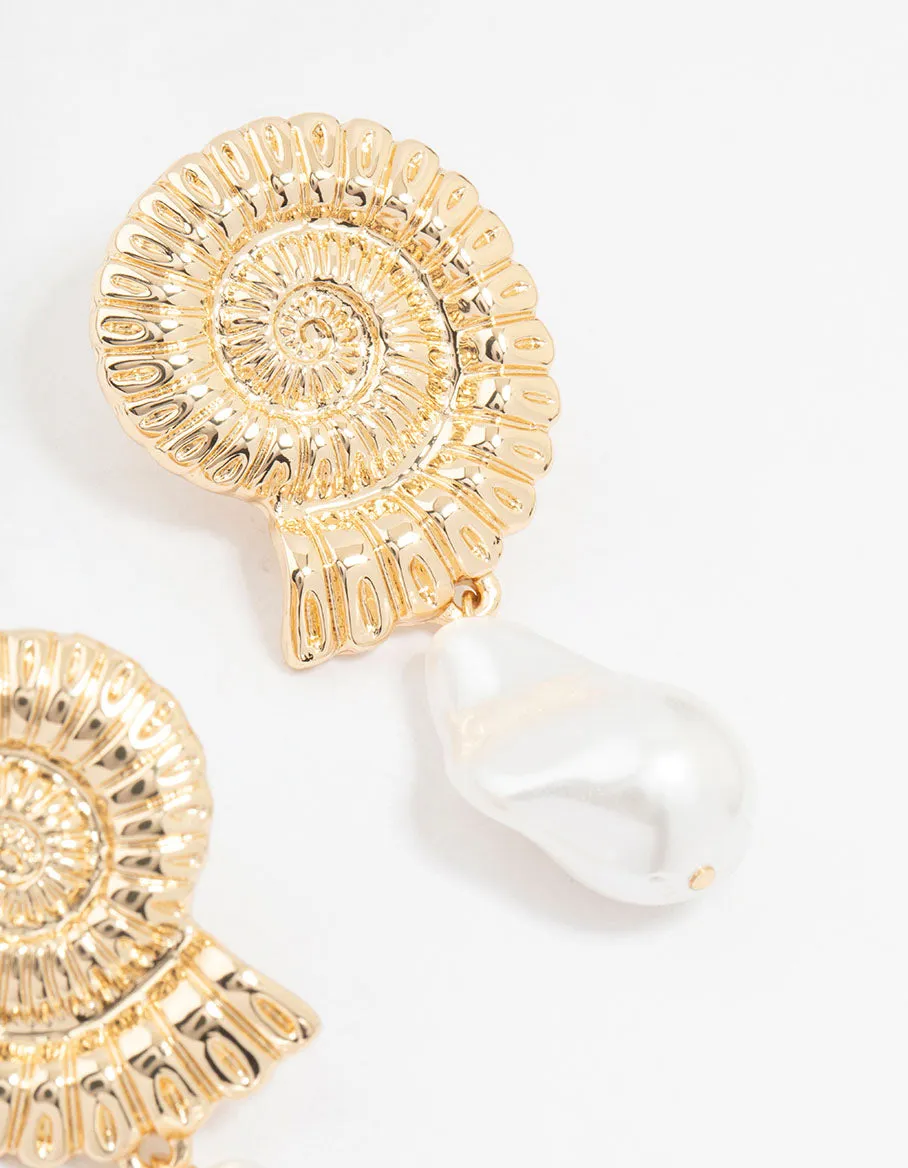 Gold Plated Shell And Pearls Drop Earrings