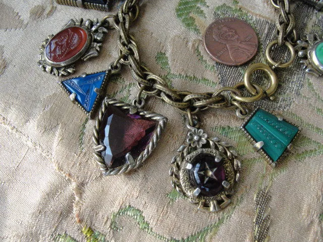 GORGEOUS Art Deco Czech Glass FOB Charm Bracelet 12 Detailed Watch Fobs,Quality 1920s-30s Unique Bracelet,Collectible Czech Glass Jewelry