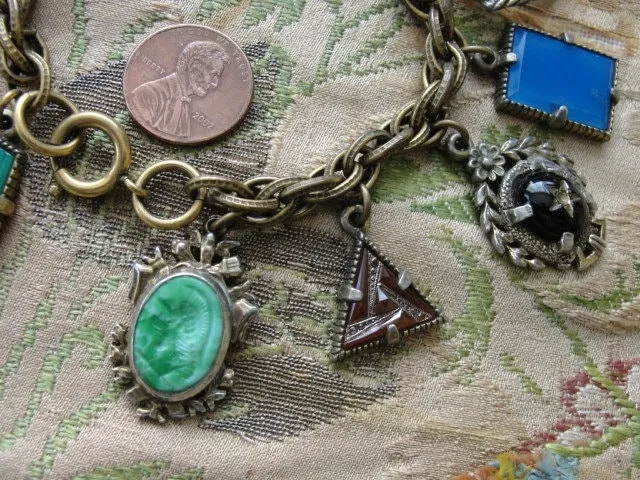 GORGEOUS Art Deco Czech Glass FOB Charm Bracelet 12 Detailed Watch Fobs,Quality 1920s-30s Unique Bracelet,Collectible Czech Glass Jewelry