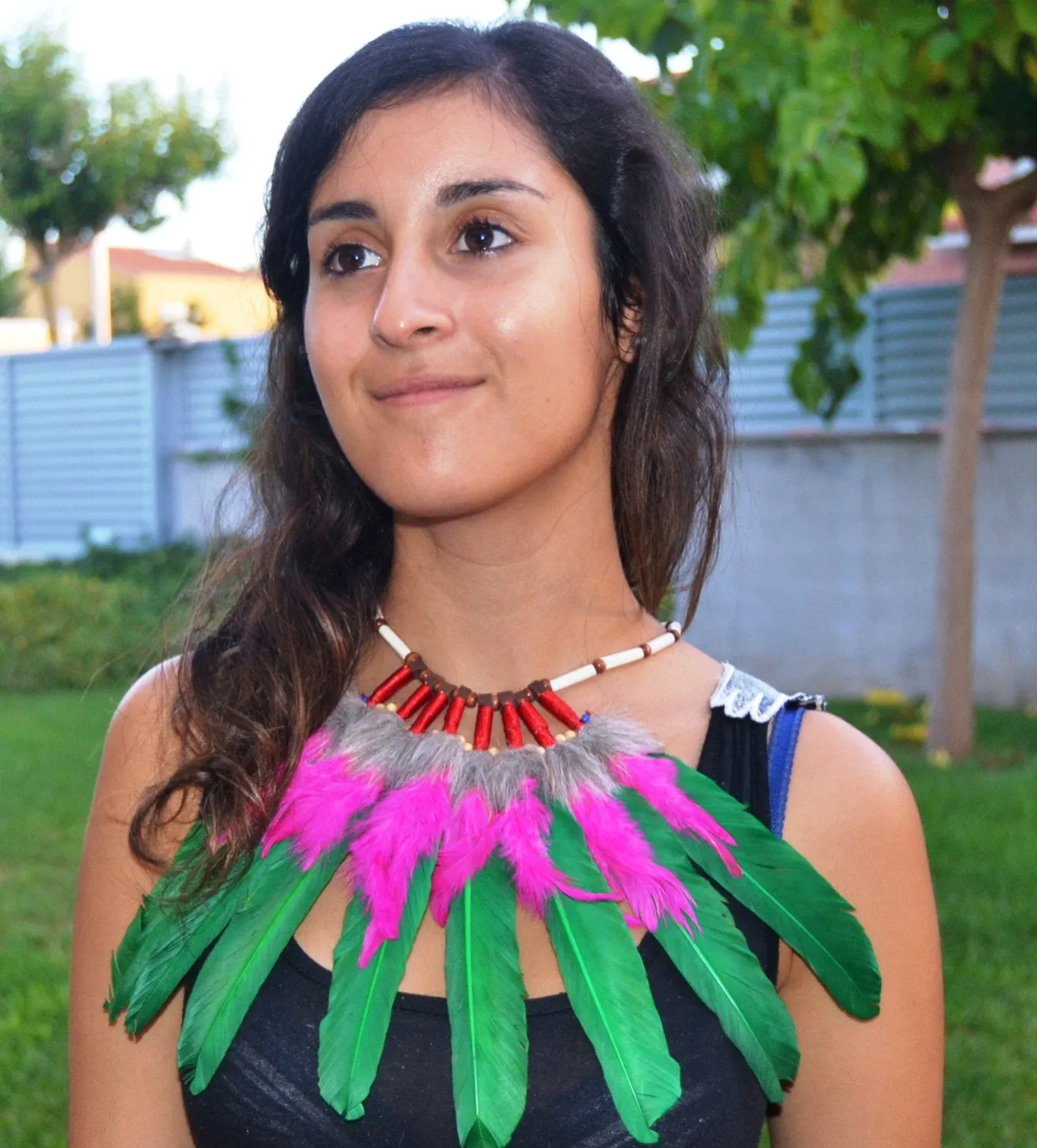 J9- Green and Pink  Feather Necklace