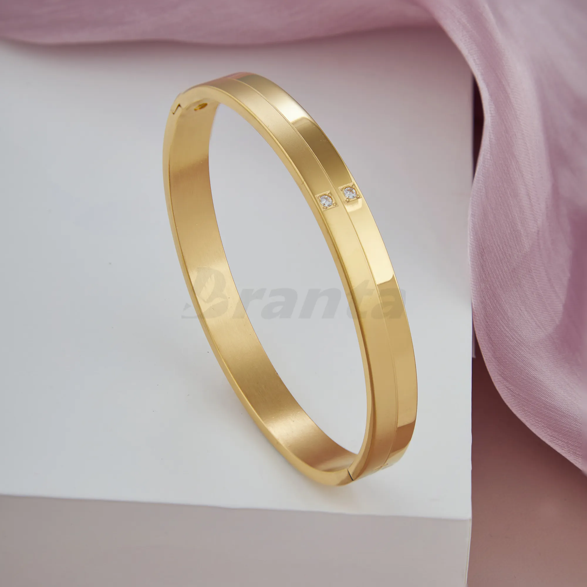 Matte Shiny Gold Bracelet For Men With Two Diamonds