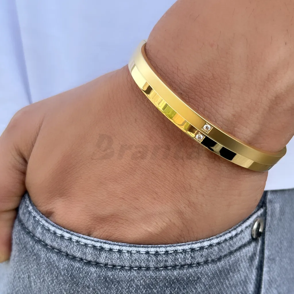 Matte Shiny Gold Bracelet For Men With Two Diamonds