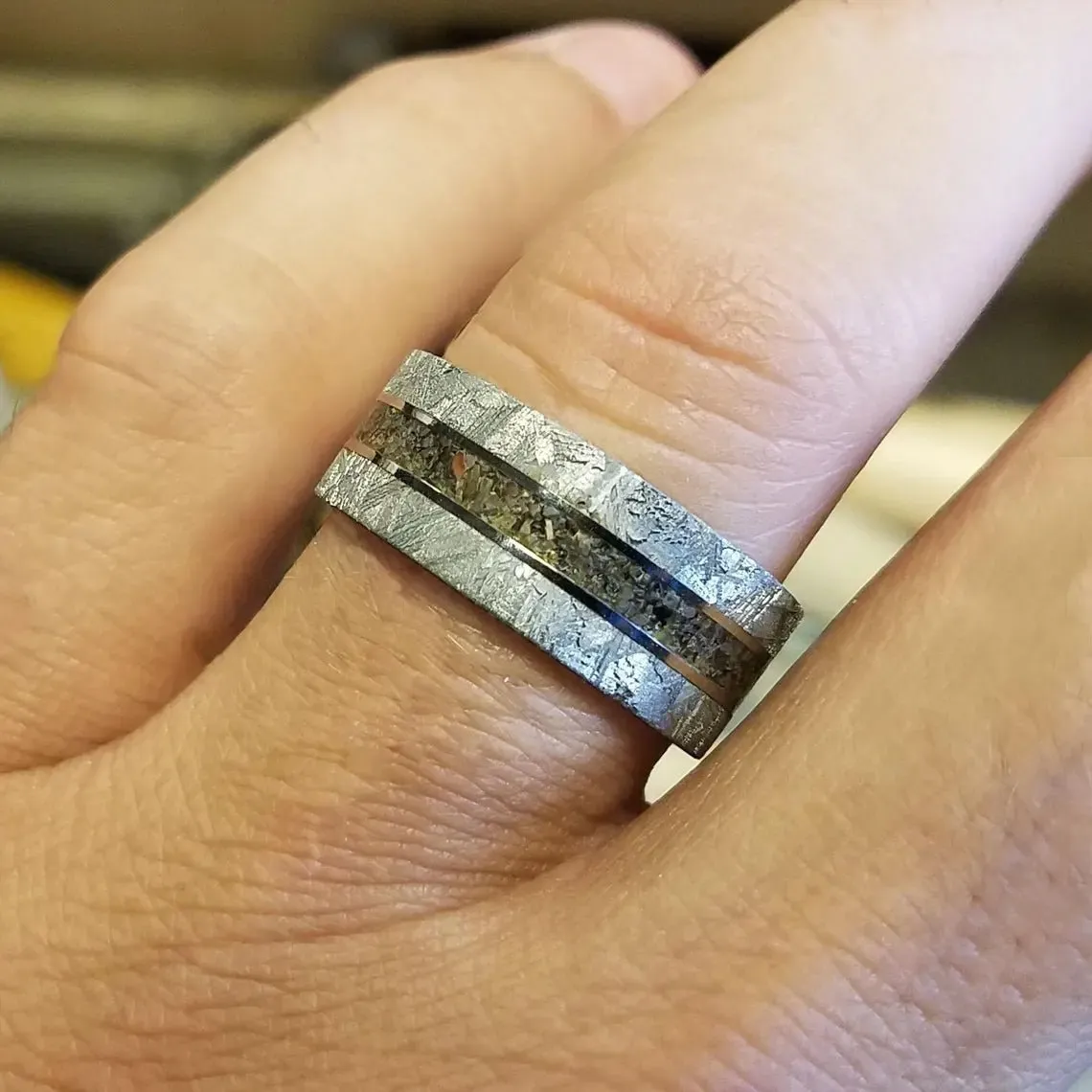 Meteorite Ring Wedding Band w/ Dinosaur Bone Fossils