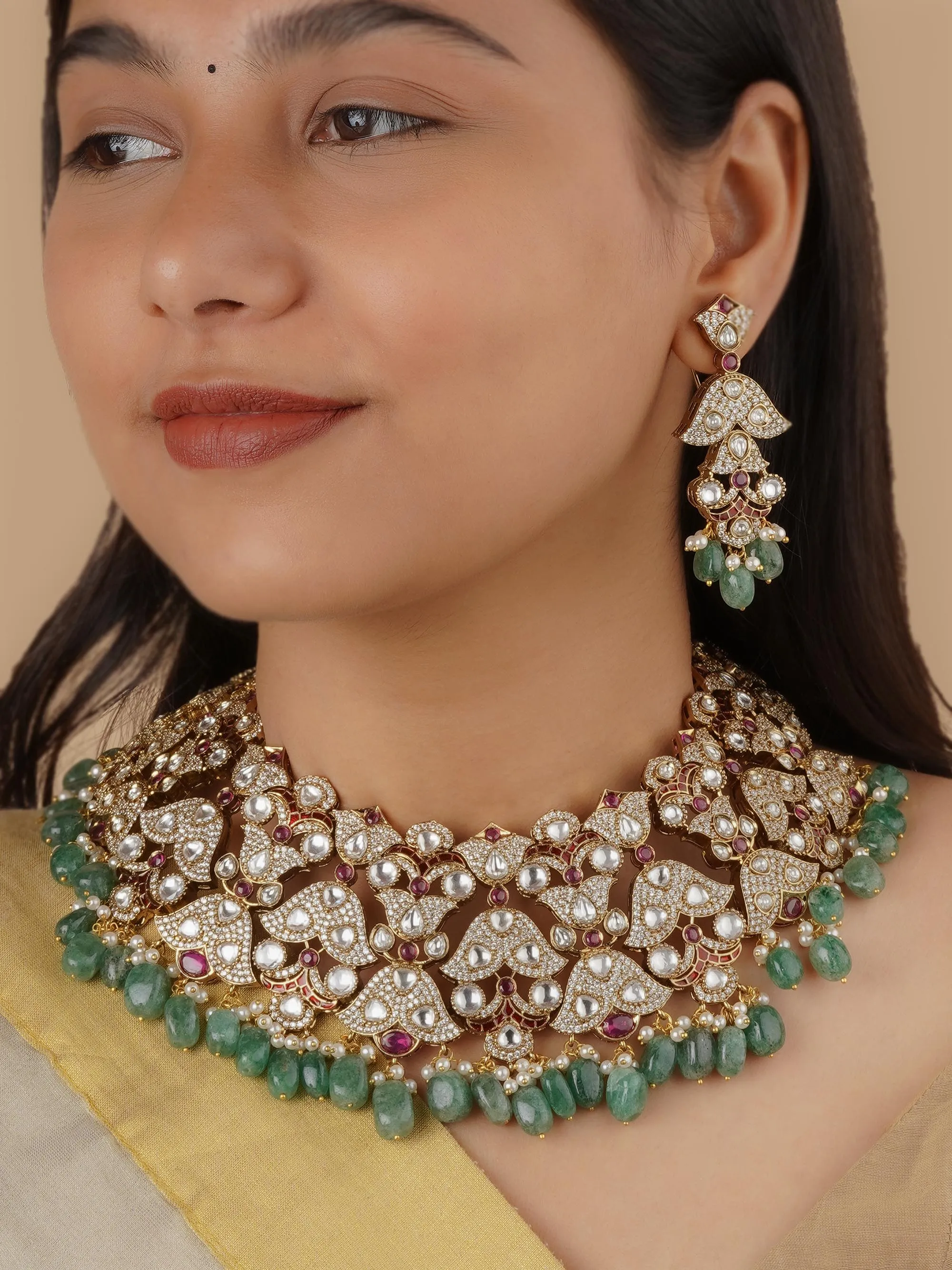 Multicolor Gold Plated Faux Polki Bridal Necklace Set - PK-S180M