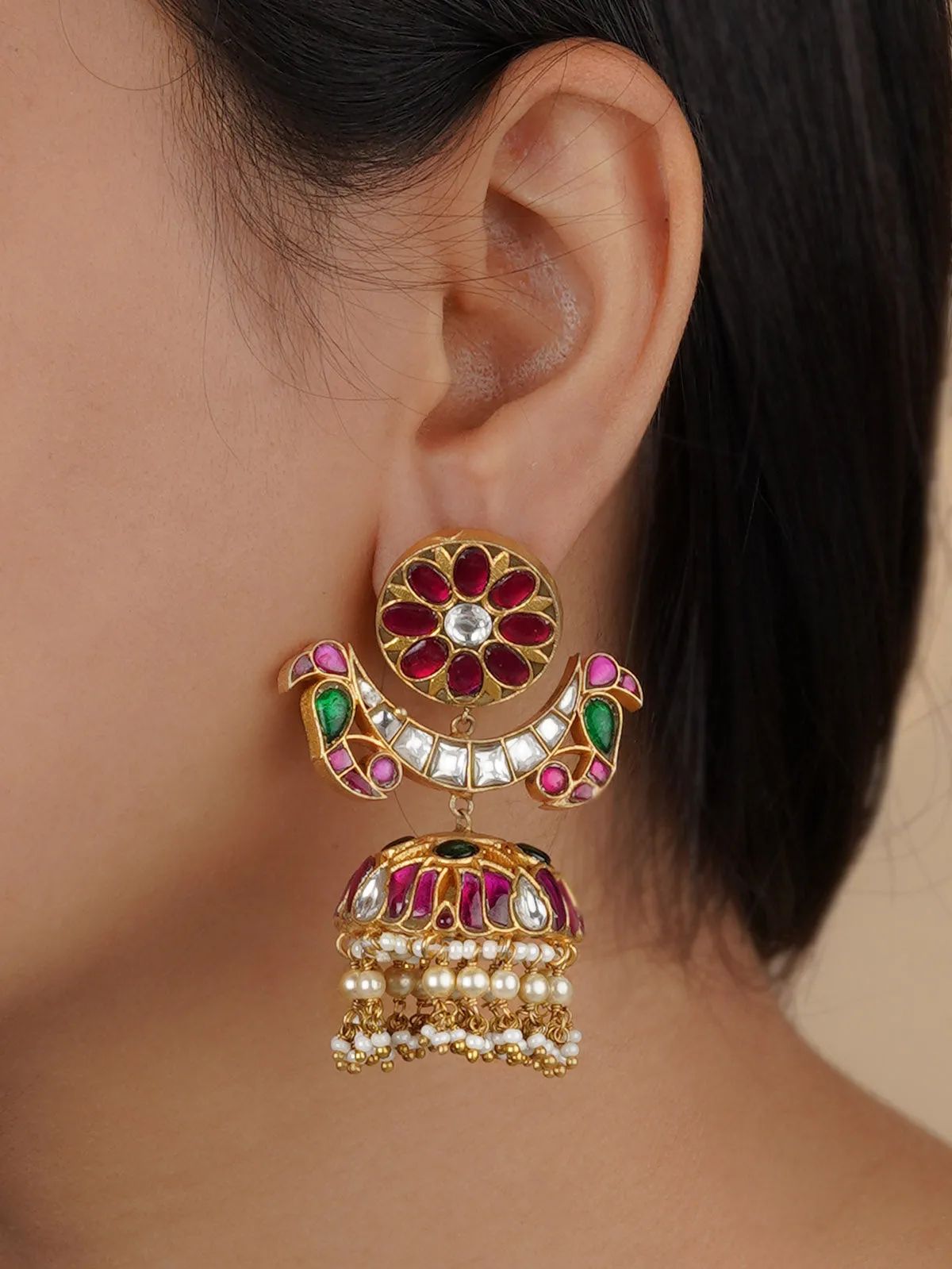 Multicolor Gold Plated Jadau Kundan Earrings - ME1129