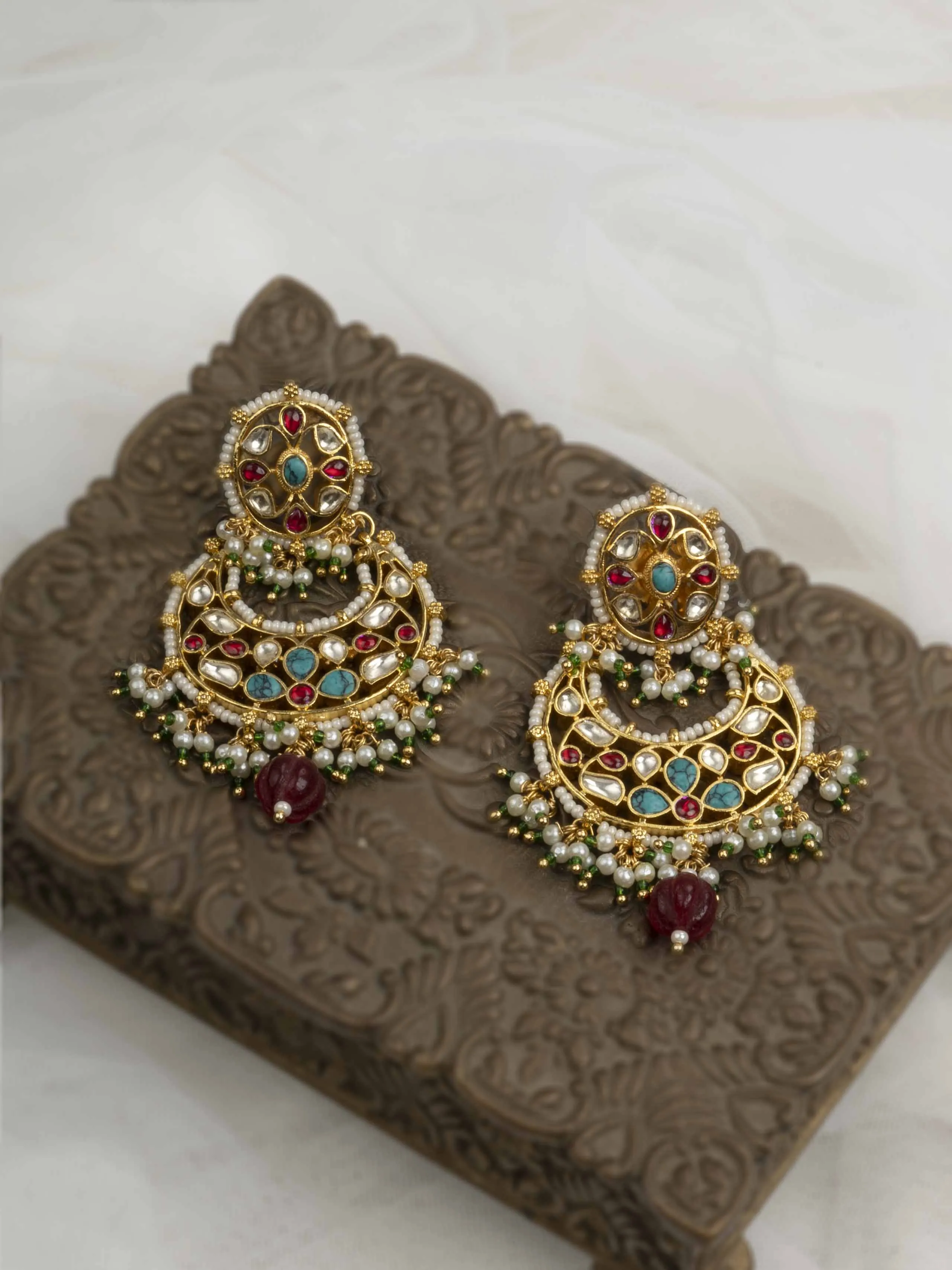 Multicolor Gold Plated Jadau Kundan Earrings - ME1171MA