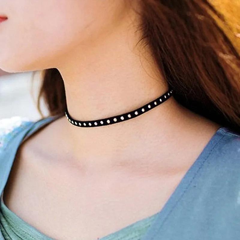 N728 90's Inspired Rivet Necklaces Vintage Punk Gothic Black Leather Velvet Suede Choker Necklace Jewelry For Women Girls Gift