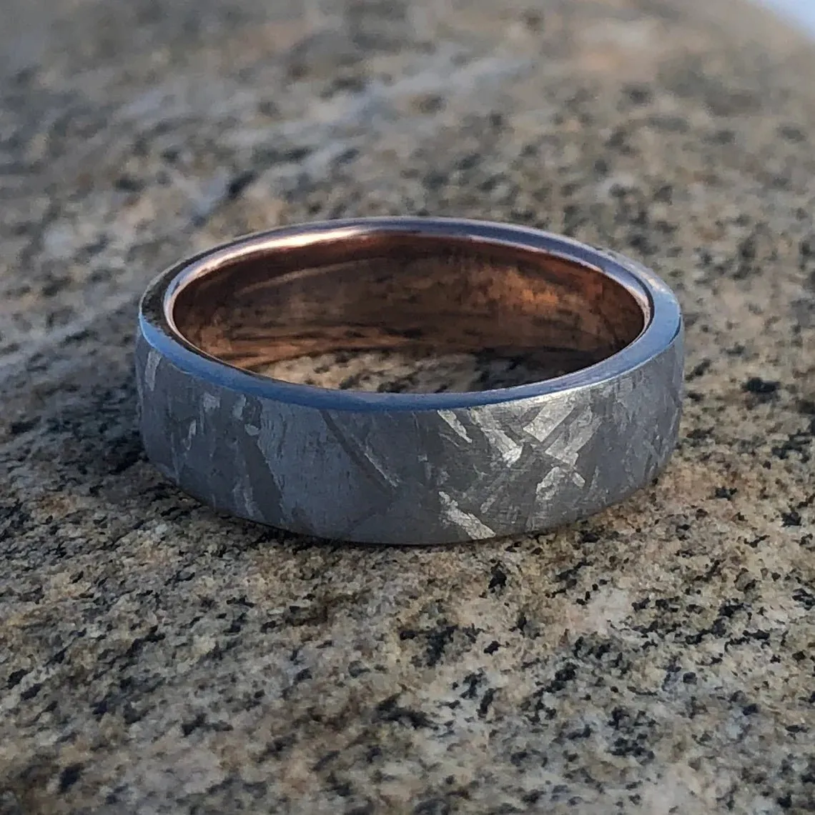 New 6mm Meteorite Ring with 14k Rose Gold Sleeve Wedding Band Custom Made Meteorite Wedding Rings