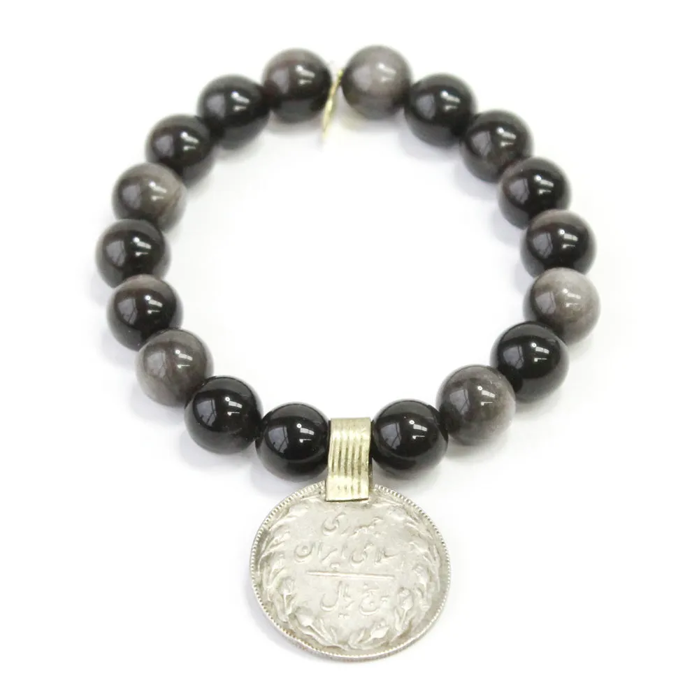 Obsidian Crystal Bracelet | Silver   Vintage Foreign Coin