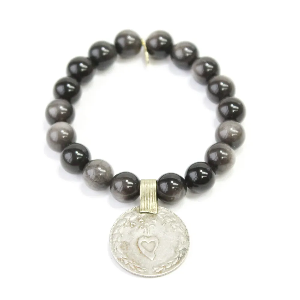 Obsidian Crystal Bracelet | Silver   Vintage Foreign Coin