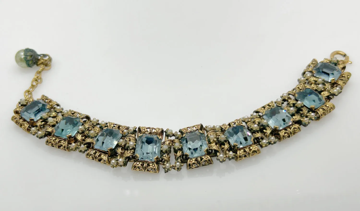 Opulent Vintage Blue Rhinestone Bracelet with Amazing Metalwork