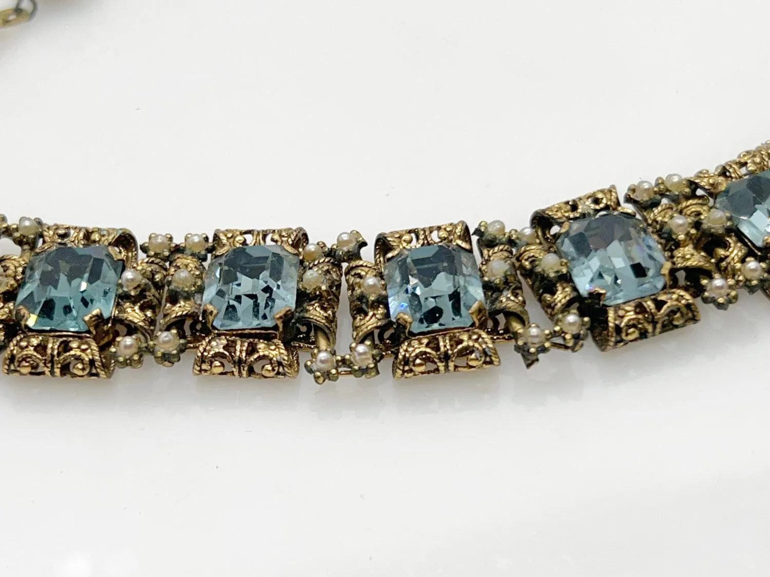 Opulent Vintage Blue Rhinestone Bracelet with Amazing Metalwork