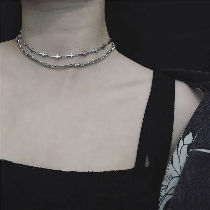 Punk Stainless Steel Cross Choker Necklace for Women Girls Hiphop Gothic Cross Collar Necklace Rock Fashion Jewelry Gifts