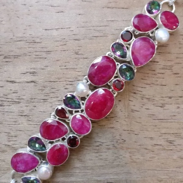 Ruby Mystic Topaz Pearl Sterling Silver Bracelet