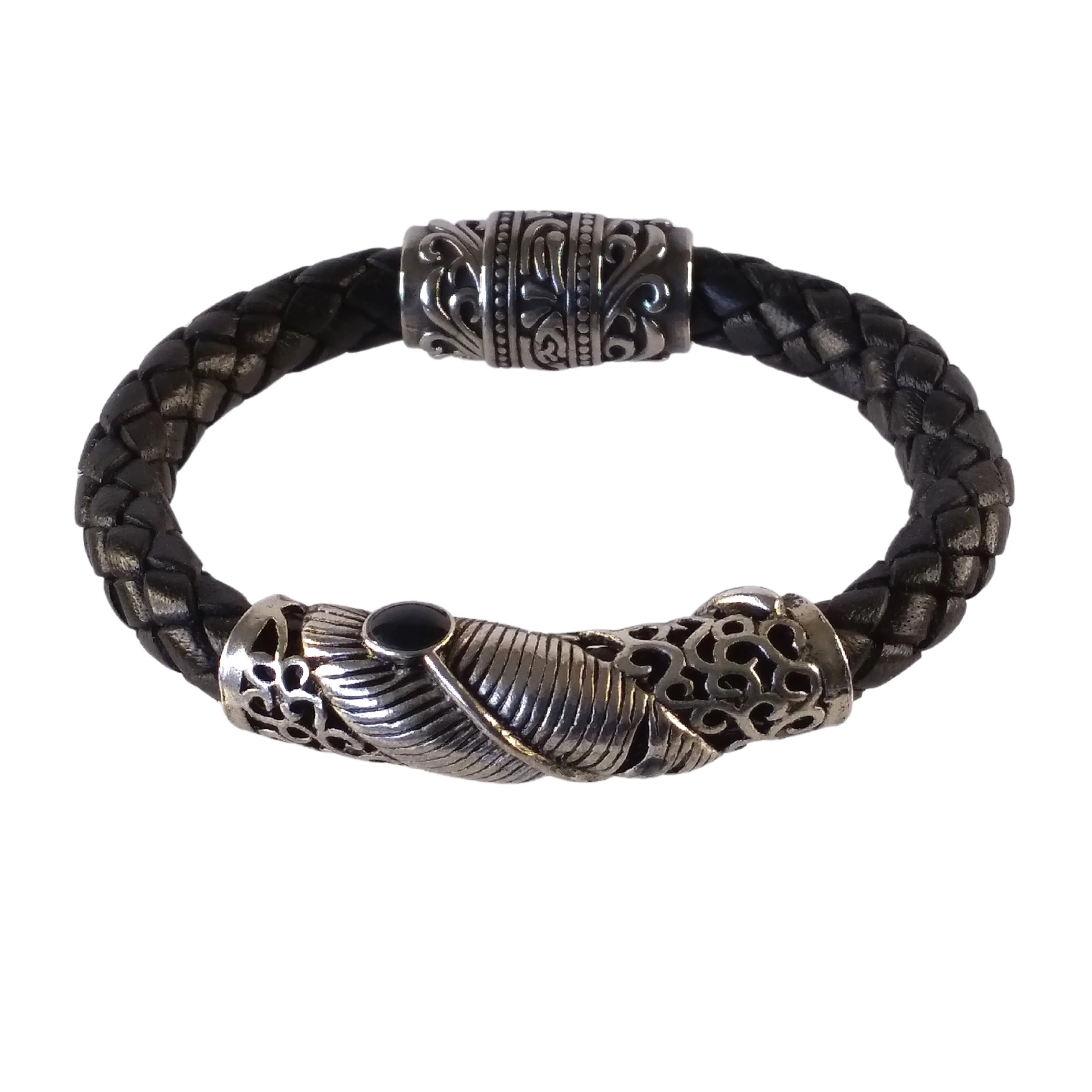 Silver Feather Bracelet Black Leather