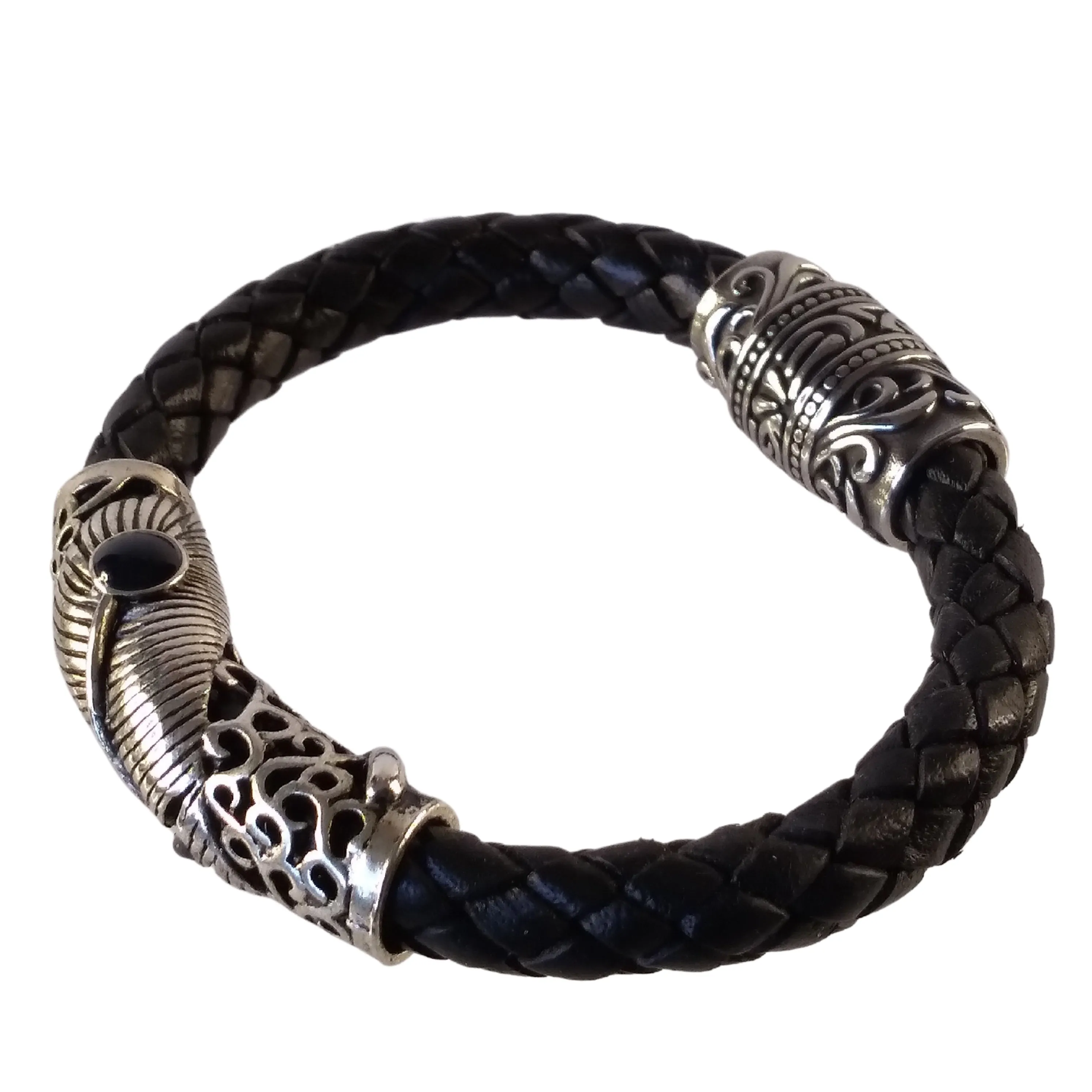 Silver Feather Bracelet Black Leather