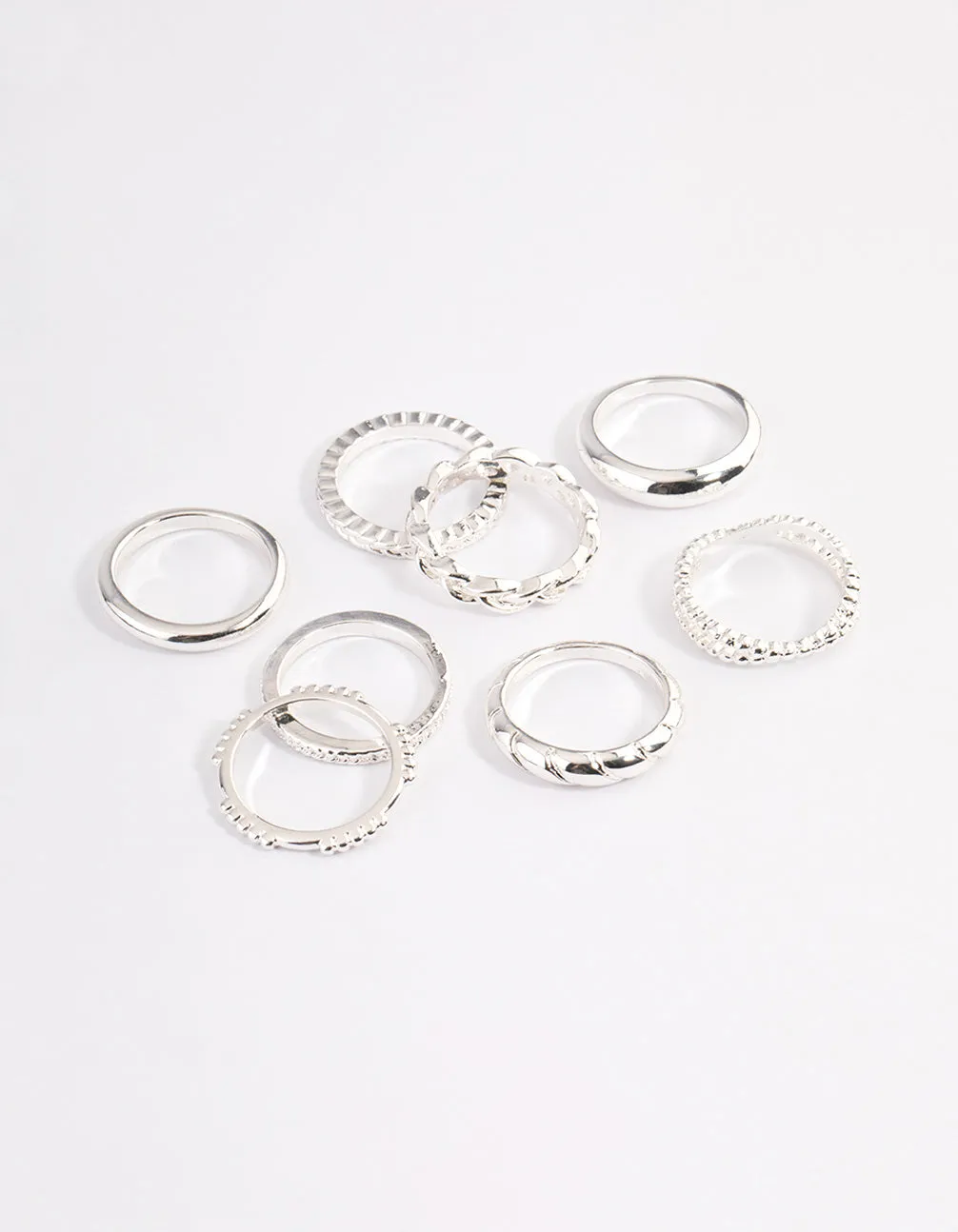 Silver Plain & Molten Twisted Ring 8-Pack