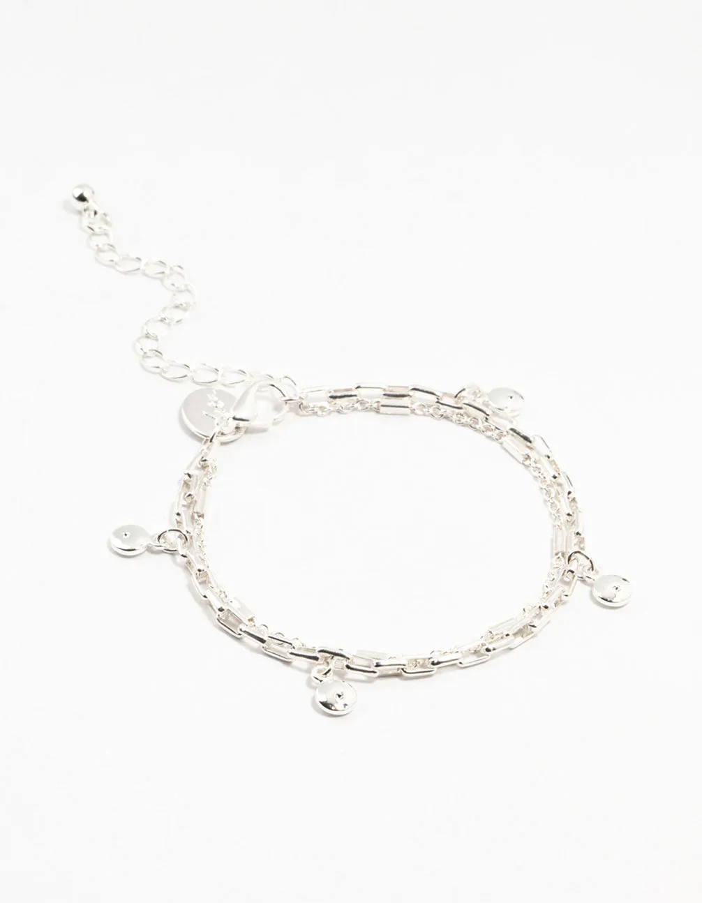 Silver Plated Station Disk Double Charm Layered Bracelet