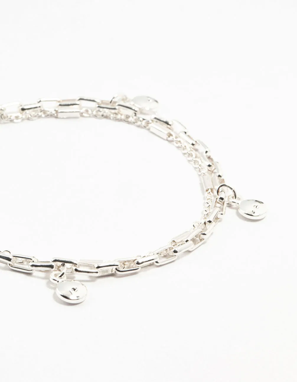 Silver Plated Station Disk Double Charm Layered Bracelet