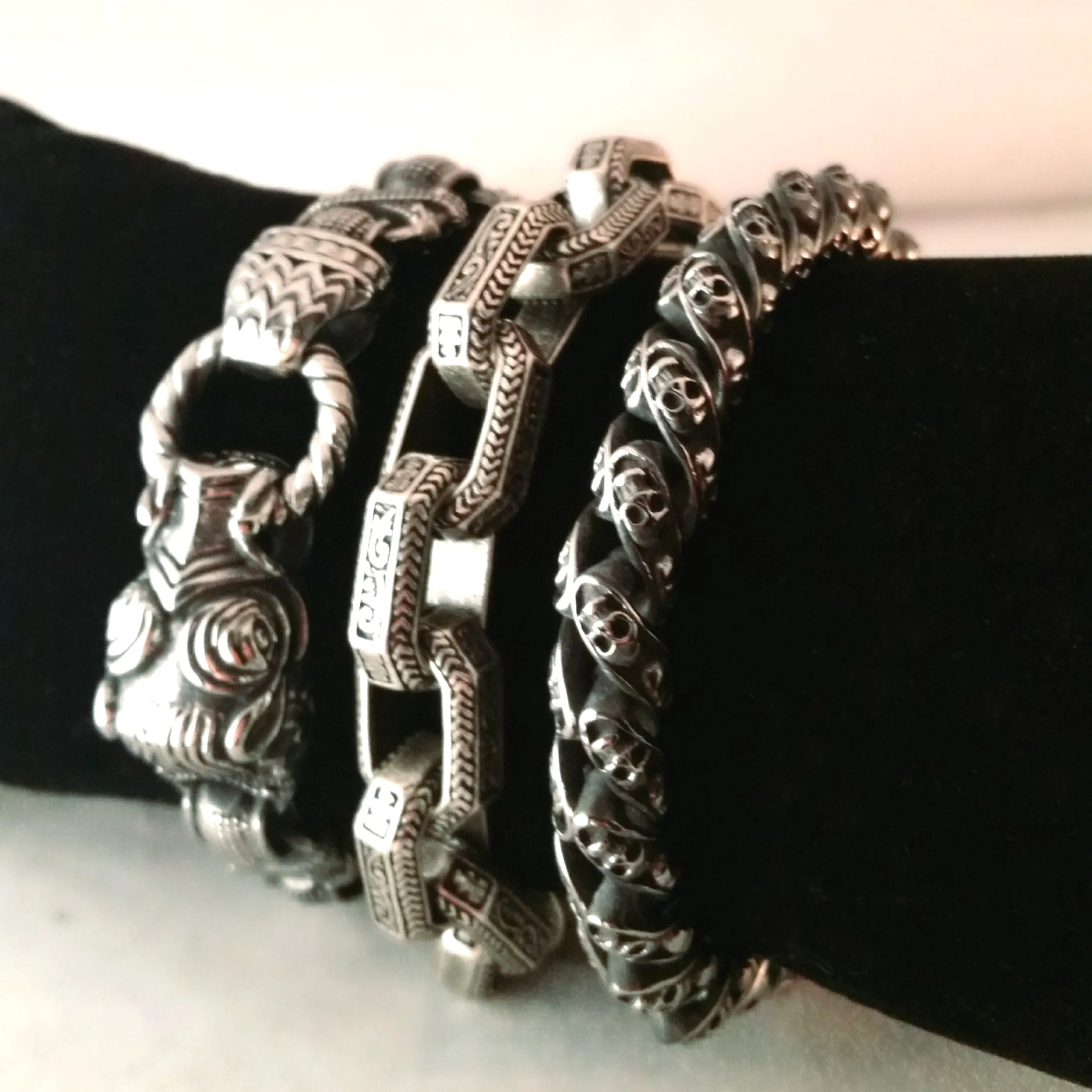 Skull Bracelet Silver Chain Link Spiral Mens