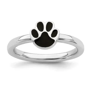 Sterling Silver Stackable Expressions Black Enameled Paw Print Ring