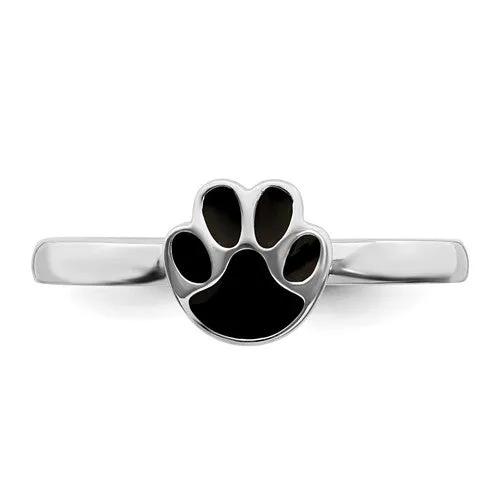 Sterling Silver Stackable Expressions Black Enameled Paw Print Ring