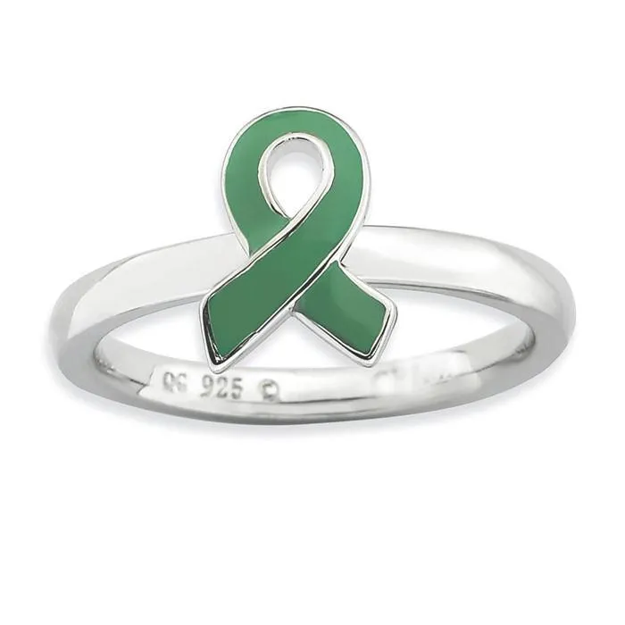 Sterling Silver Stackable Expressions Green Enameled Awareness Ribbon Ring