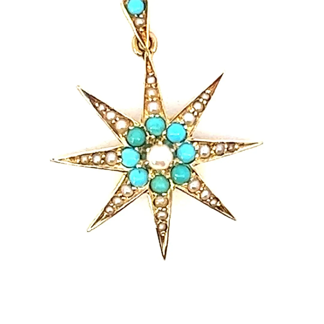 Turquoise and Pearl Star Brooch