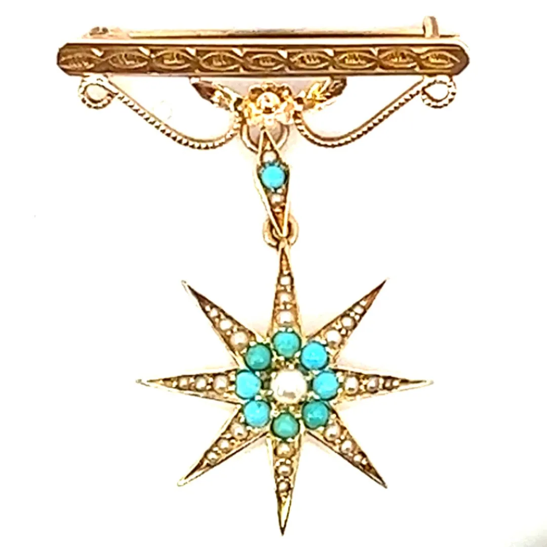 Turquoise and Pearl Star Brooch